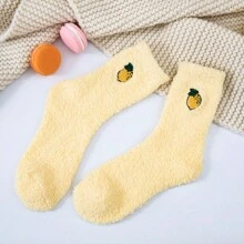 1雙水果刺繡珊瑚絨女士襪子,純色加厚半堆襪,大尺寸 - 黃色 - 查看 3