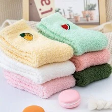 1雙水果刺繡珊瑚絨女士襪子,純色加厚半堆襪,大尺寸 - 黃色 - 查看 2