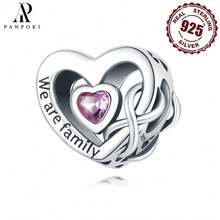 PANPOKI 件 925 純銀空心愛心鋯石我們是一家人珠原創手鍊項鍊 DIY 珠寶適合女孩佩戴生日禮物感恩節禮物女士禮物