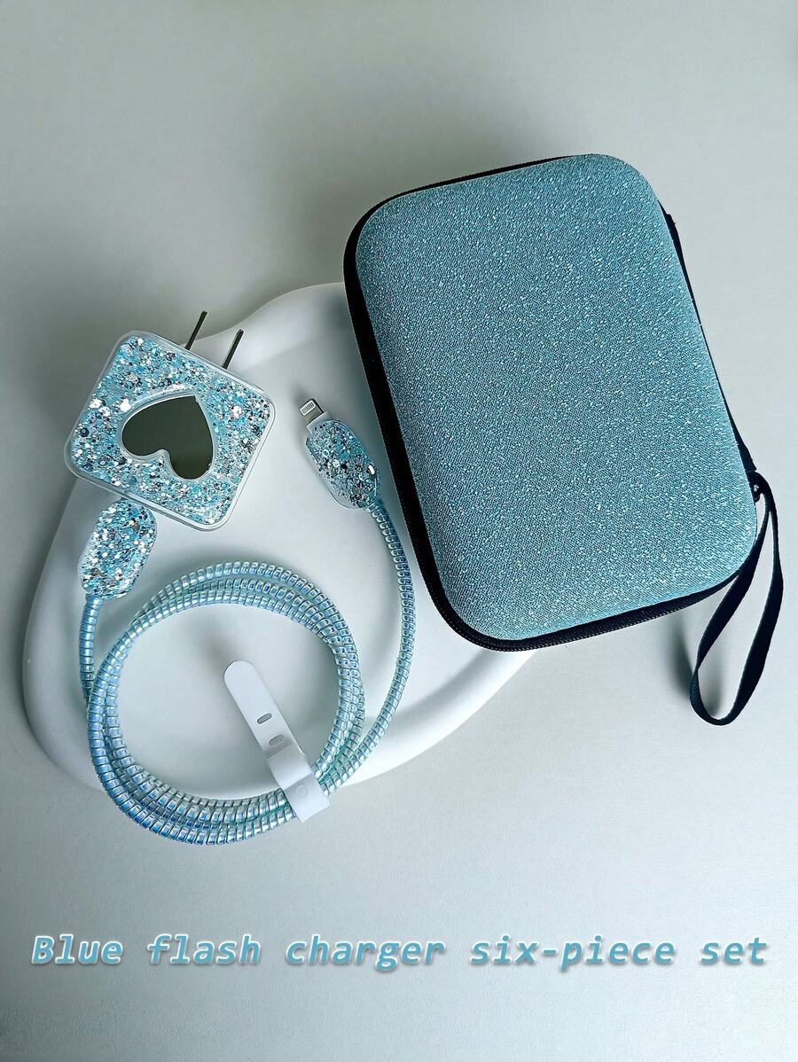 Fashionable Blue Glitter Charger Organizer & Protective Set, 6pcs Cable Organizer