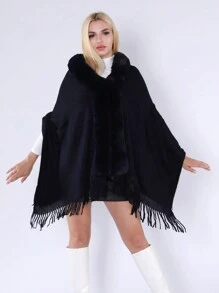 Women's Thickened Collar Poncho With Fringe Trim Shawl, Windproof & Sunproof, Suitable For Daily, Vacation, Party, And Travel - Navy Blue - View 1