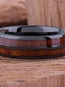1pc Fashion 8mm Men Black Color Stainless Steel Wedding Rings For Men Women Dome Polished Koa Wood Inlay Stainless Steel Rings Men Wedding Band Jewelry - Multicolor - View 4