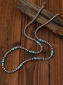 1 Pc Western Style Faux Navajo Faux Pearl & Turquoise Beaded Long Necklace Jewelry Accessories - Multicolor - View 2