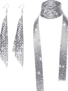 1套60年代70年代迪斯可風格女人亮片金屬閃片領帶耳環迪斯可配件 - 銀色 - 查看 1