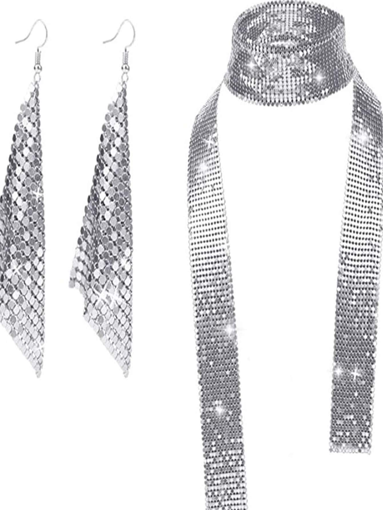 1套60年代70年代迪斯可風格女人亮片金屬閃片領帶耳環迪斯可配件 - 銀色 - 查看 1