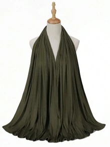 1條女士純色彈性針織頭巾,秋冬季節必備 - 軍綠色 - 查看 4