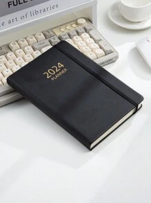 1pc A5 Size Thick Hardcover Notebook With Strap, 2024 English Planner With 180 Sheets (360 Pages) Thickened Schedule Book, Monthly Index Notebook And 365 Days Time Management Journal - Black - View 2