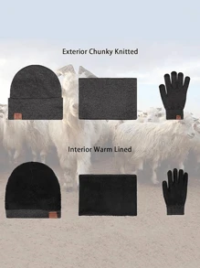 3入組男女冬季珠飾帽圍手套套裝,珠飾帽手套頸部保暖套裝,配有保暖針織羊毛襯裡觸屏手套 - 深灰色 - 查看 3