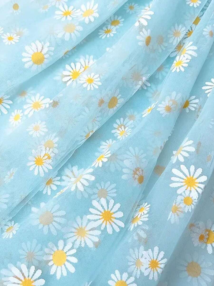 1件雛菊印花薄紗裙裝，適用於女童夏季公主裝、婚禮舞臺裝飾 - 藍色 - 查看 1