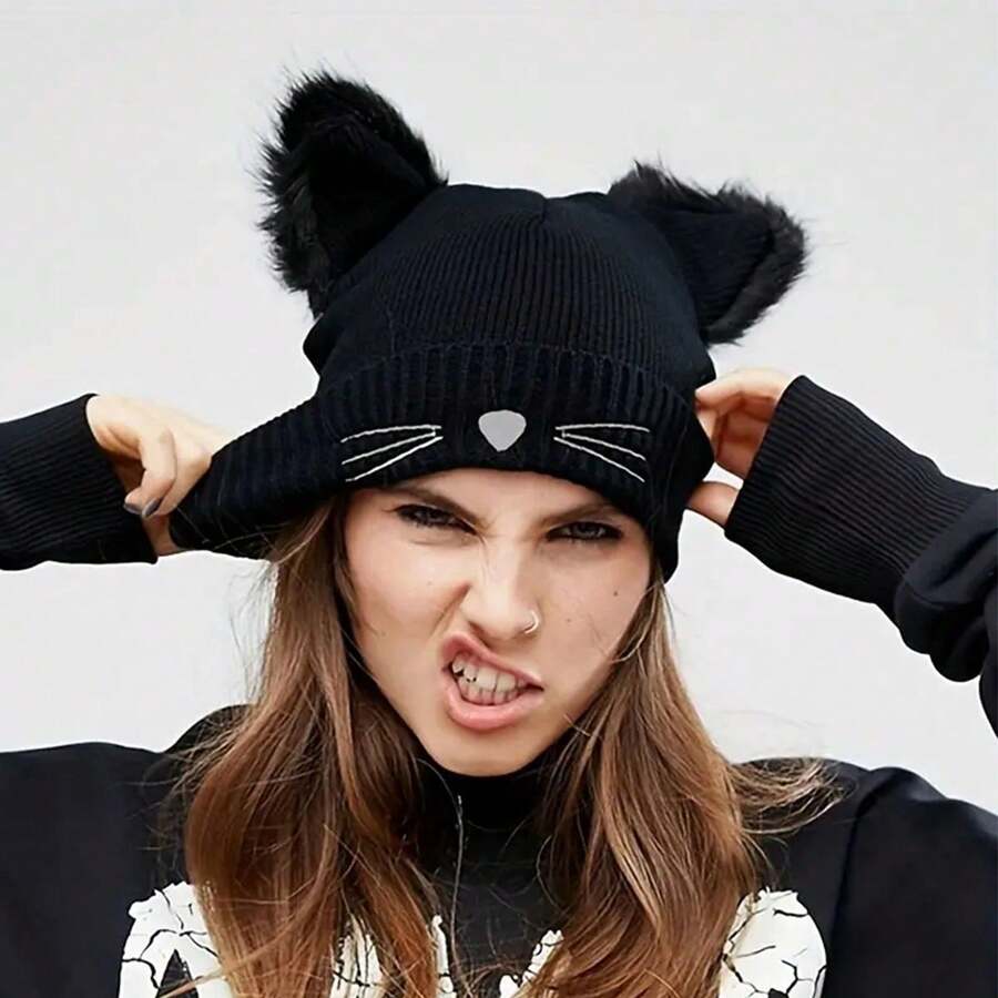 1pc Cat Ear Embroidered Knitted Hat Cute - Black - View 1