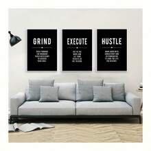 立即購買,限時優惠-3張grind Hustle Success激勵海報和印刷品辦公室裝飾現代藝術企業家激勵油畫圖片無框-免費送貨 - 黑色 - 查看 3
