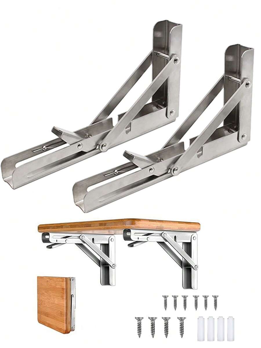 2Pcs Folding Bracket Heavy Duty, Stainless Steel Folding Shelf Bracket Collapsible Shelf Bracket Folding Shelf Brackets Heavy Duty Stainless Steel Collapsible Shelf Bracket Wall Mounted