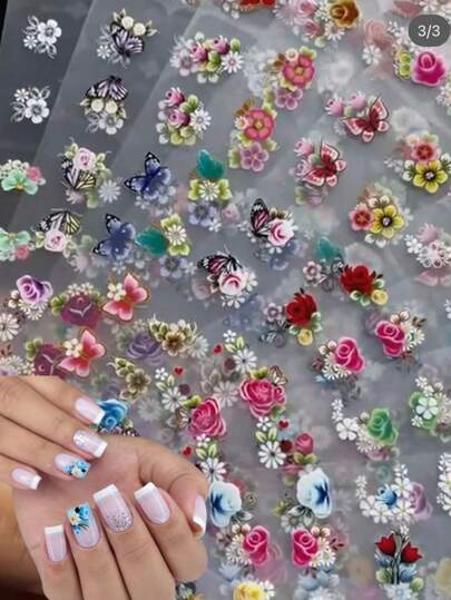 100 Adesivos de Unhas 3D Pré Pronta e Ganhe 20 Adesivos Decalque de Brinde (120 Adesivos de Unhas) Tem que Finalizar com Base