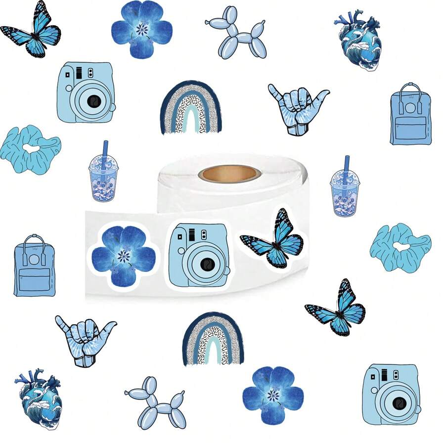 500個/卷藍色貼紙,可愛的卡通審美1英寸圓形標籤貼紙,有10種圖案供剪貼簿使用,自粘閉口文具卡片信封,兒童禮物派對用品,青少年激勵