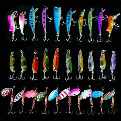 Fishing 30pcs/Set Fishing Lure Kit Metal Spoons Spinnerbait Mixed with Hard Minnow Topwater Popper Crank Baits  Bass Trout Salmon Hard Metal Spinner Baits Set