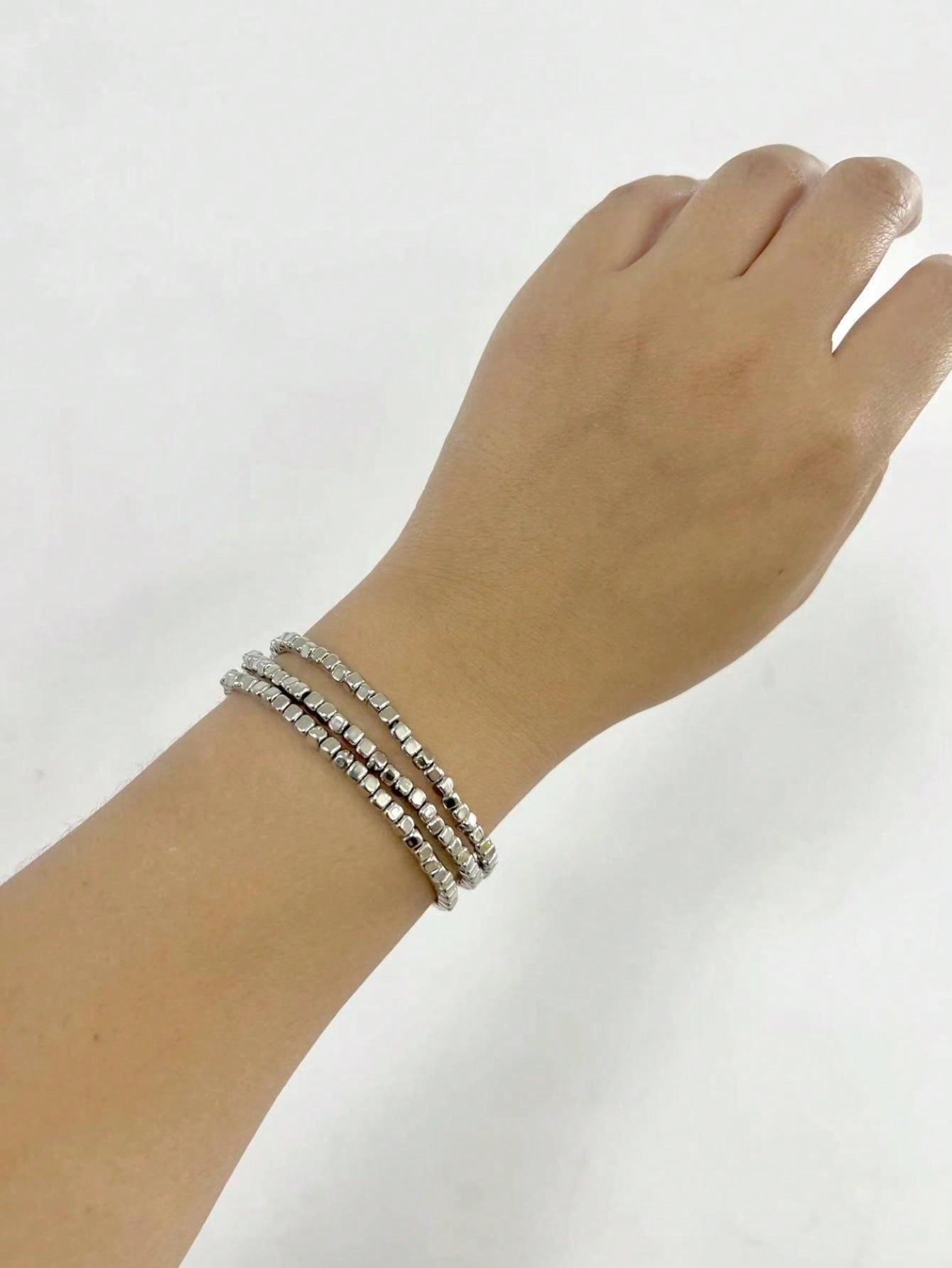 Three Simple And Stylish Silver Square Beaded Bracelet Set That Can Be