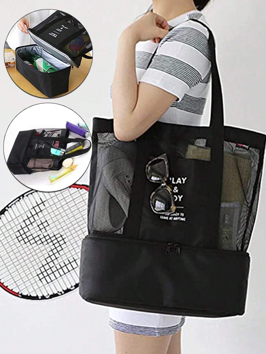 保溫袋手提午餐袋實用肩背袋冷藏保鮮野餐袋網眼沙灘手提袋食品飲料收納假期公園運動旅行戶外夏季攜帶便攜式野餐保溫冷藏袋辦公午餐零食袋