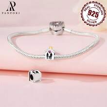 PANPOKI 件 925 純銀空心愛心鋯石我們是一家人珠原創手鍊項鍊 DIY 珠寶適合女孩佩戴生日禮物感恩節禮物女士禮物