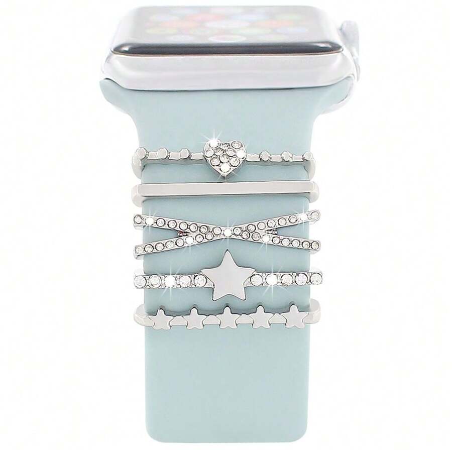 5 Stücke Legierung Ring mit fünfzackigem Stern Dekor in Silberfarbe kompatibel mit Apple Watch 38/40/41/42/44/45mm, ein Geschenk für Studenten zur Rückkehr in die Schule