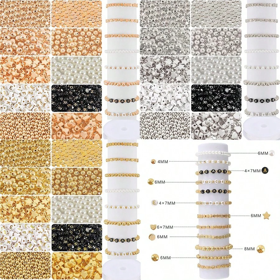 Whaline Gold 1500入組,3種尺寸金色圓形間隔珠,白色仿珍珠珠,金色球形、心形、星形、扁平珠,字母珠,帶彈性線,diy手鍊、項鍊珠寶製作套件 - 金色 - 查看 1