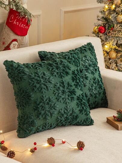 1pc Christmas Tree Embroidered Snowflake Green Pillowcase