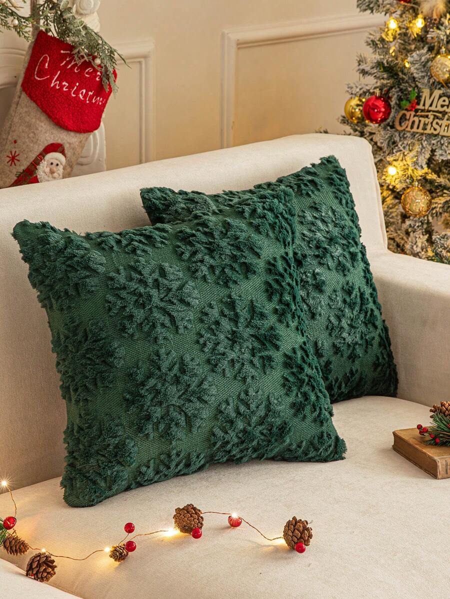 1pc Christmas Tree Embroidered Snowflake Green Pillowcase - Army Green - View 1