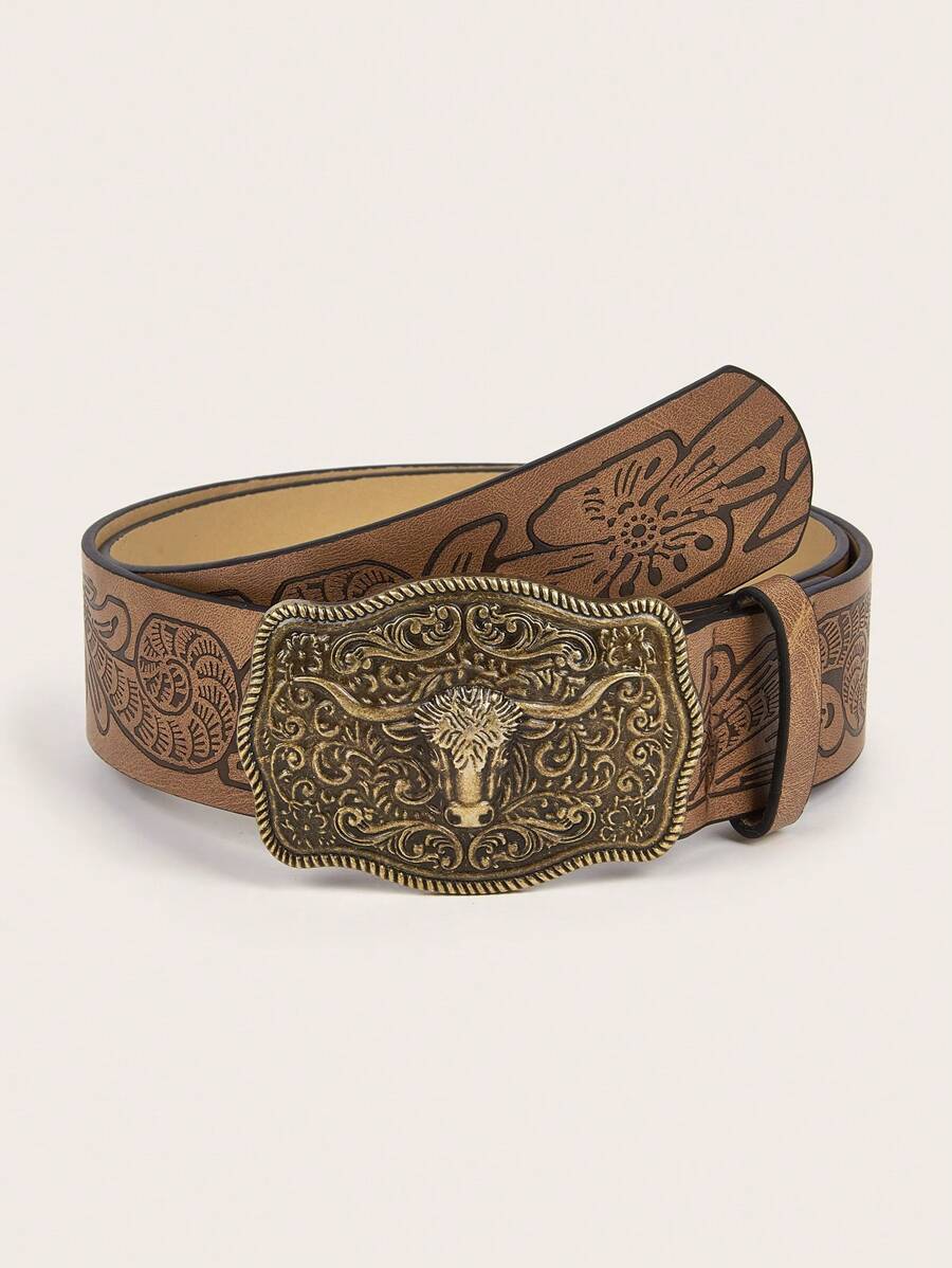 1pc Women's Retro Buckle Print Decor Belt In Antique Gold Color For Daily Use - Brown - View 1