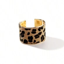 1pc Fashionable Metal & Leopard Texture Pu Leather Cuff Bracelet