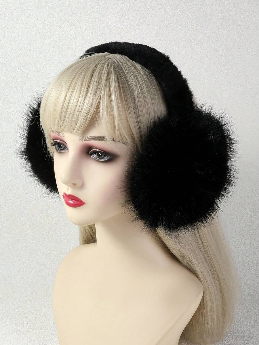 1入冬季毛絨耳罩,女士保暖折疊防凍耳罩 - 黑色 - 查看 1