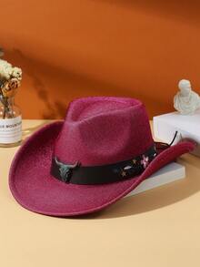 1件男士牛頭及皮帶裝飾霧面刺繡實心波帽,牛仔傘花帽子,爵士帽,波蘭帽,牛仔帽,領結帽,適用於派對