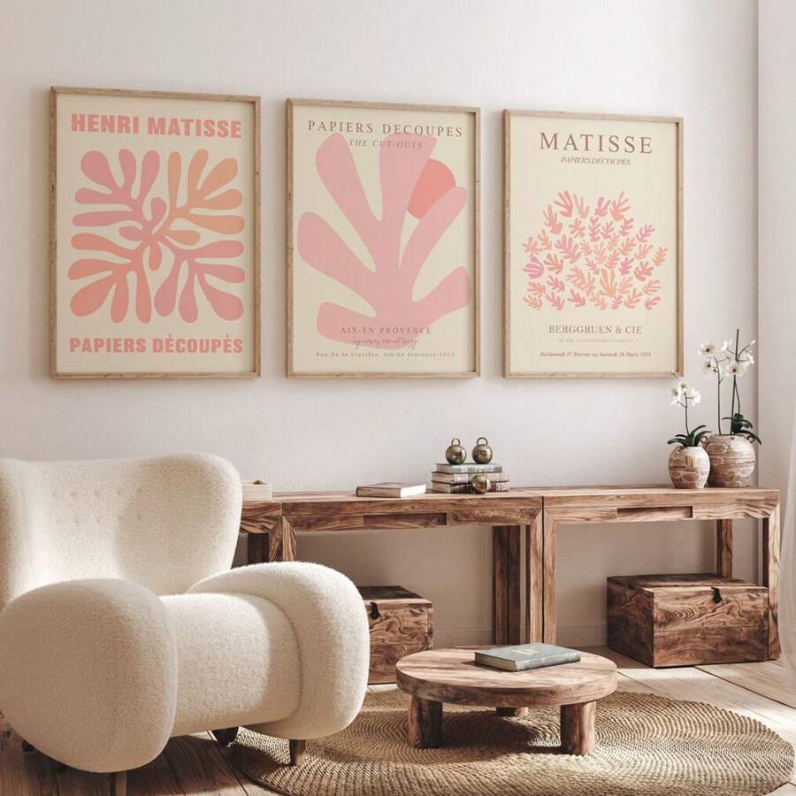 3pcs/Set Artistic Geometric Abstract Poster, Matisse Printed Orange Gallery Wall Art Set, 3pcs Wall Art Set, Matisse Poster, Pink Decor, Modern Home Wall Art Canvas Painting Print Poster Picture Wall Decoration, Frameless Gifts Birthday Graduation
