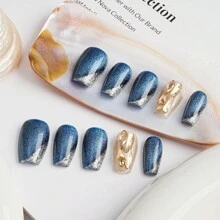 10入組手工製作假指甲,貓眼深藍色時尚巧克力風格,適用於派對、女性和女孩子,突顯你的魅力 - 彩色 - 查看 1