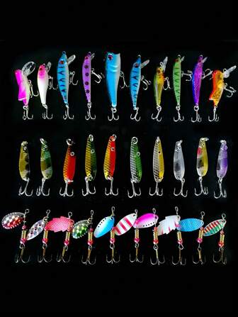 Pesca 30 piezas/set Kit de señuelos de pesca cucharas de Metal Spinnerbait mezclado con pececillo duro Topwater Popper Crank Baits Bass trucha salmón Metal duro Spinner Baits Set