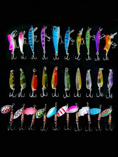 Fishing 30pcs/Set Fishing Lure Kit Metal Spoons Spinnerbait Mixed with Hard Minnow Topwater Popper Crank Baits  Bass Trout Salmon Hard Metal Spinner Baits Set