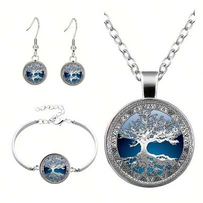 4pcs Alloy Vintage & Personalized Tree Of Life Design Gemstone Necklace, Bracelet And Earrings Jewelry Set For Women As Gift
