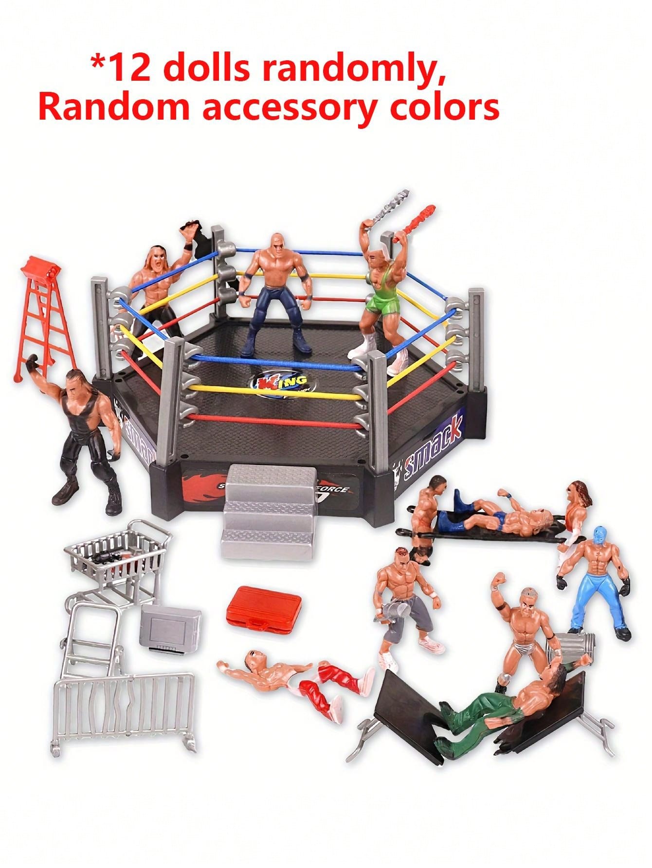 12pcs Wrestling Action Figures Playset With Hexagonal Wrestling Ring
