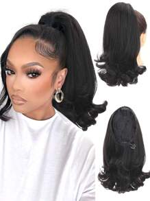 女性用捲曲直接式馬尾假髮,合成馬尾掛式馬尾假髮自然蓬鬆黑色髮髻 - 黑色 - 查看 2