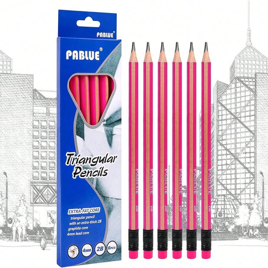 Lápiz Gigante 2b De 6 Piezas Con Borrador, Forma Triangular, Agarre Cómodo - Burdeos - Ver 1