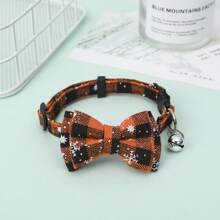 Cute Christmas Themed Adjustable Cat Collar With Bowtie, Plaid Pattern And Bell - Orange - View 1