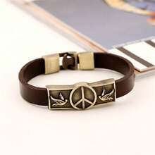 1 件男士時尚簡約皮革手鍊帶和平標誌設計復古皮帶扣牛皮手鐲 - 棕色 - 查看 2