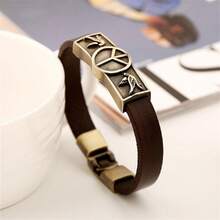 1 件男士時尚簡約皮革手鍊帶和平標誌設計復古皮帶扣牛皮手鐲 - 棕色 - 查看 3