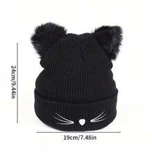 1pc Cat Ear Embroidered Knitted Hat Cute - Black - View 8