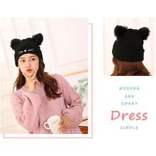 1pc Cat Ear Embroidered Knitted Hat Cute - Black - View 2