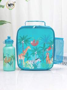 1pc Cartoon Animal Pattern Lunch Bag, Cute Fabric Portable Lunch Bag For Work, Office, School - Cadet Blue - View 2