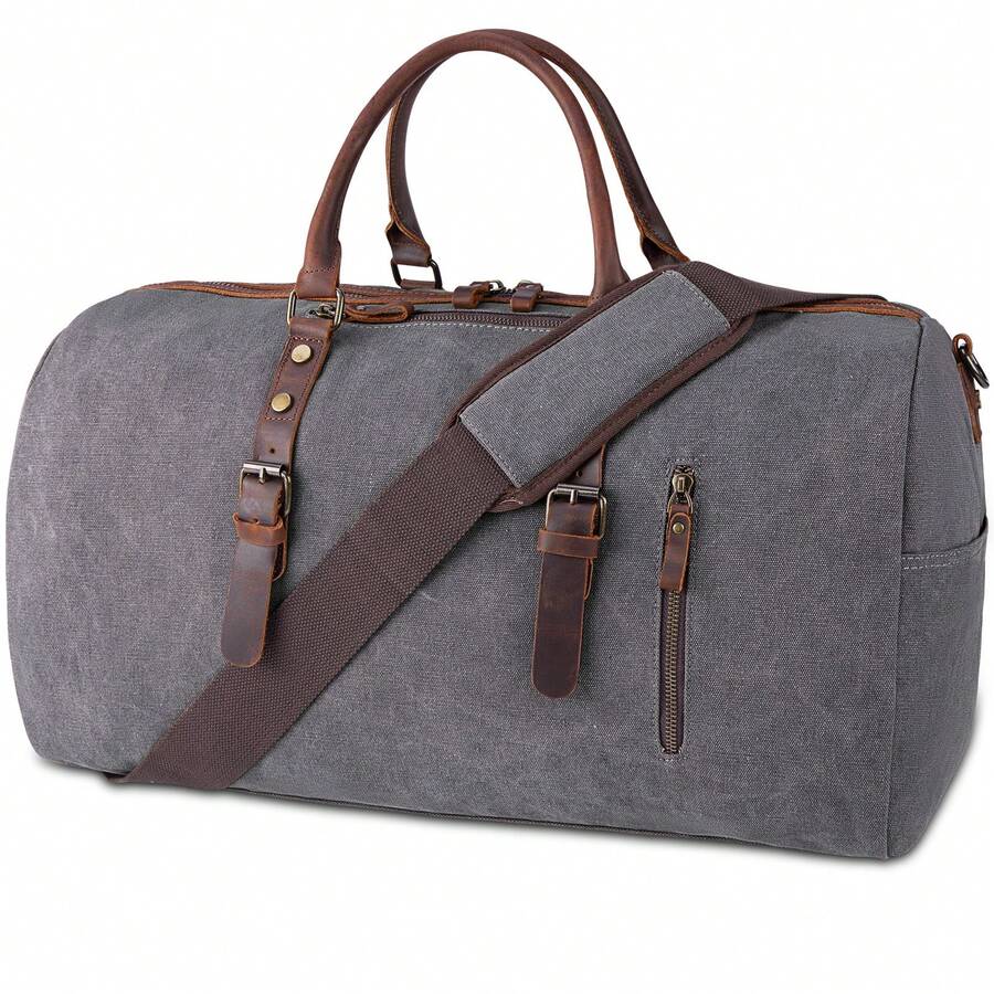 Travel Bag Men Canvas Leather Weekender Men Large Unisex Vintage Sports Bag Duffle Bag Hand Luggage For Women & Men - 淺灰色 - 查看 1