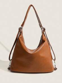 Bolso Grande De PU Retro, Casual, Versátil, Minimalista Y Elegante Para Hombro, Mano Y Mochila, Ideal Para El Trabajo - Marrón - Ver 2