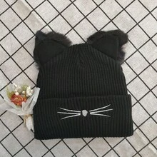 1pc Cat Ear Embroidered Knitted Hat Cute - Black - View 7