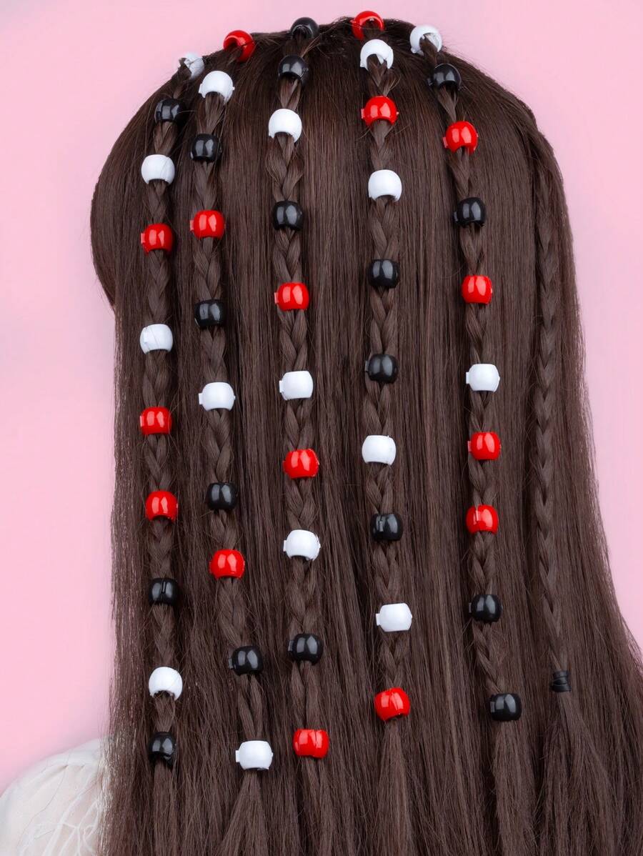 50入組女孩圓形彈性髮圈,帶有白色塑料珠子和黑色樹脂髮夾,酷炫朋克風格 - 紅色 - 查看 1