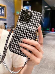 千鳥格印花皮夾式設計帶掛繩手機殼相容 15/15Pro/15Plus/15Promax - 黑與白 - 查看 2