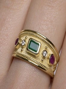 1 件寬頻歐式復古宮廷沙金鍍金戒指配 18k 金和方晶鋯石 - 金色 - 查看 2